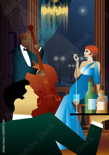 Jazz musicians and singer on a universal background. Double bass, saxophone, drum. Musicians play musical instruments