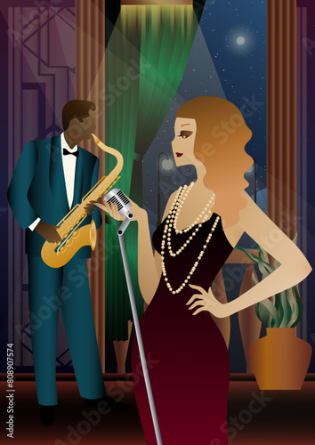 Jazz musicians and singer on a universal background. Double bass, saxophone, drum. Musicians play musical instruments