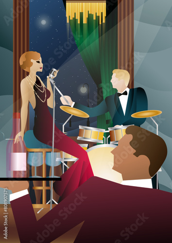 Jazz musicians and singer on a universal background. Double bass, saxophone, drum. Musicians play musical instruments