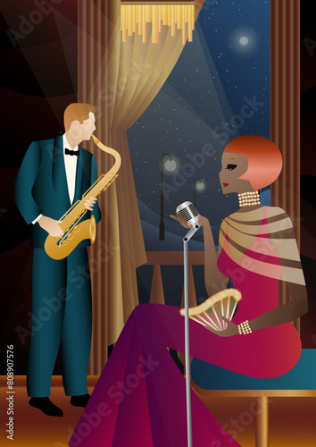 Jazz musicians and singer on a universal background. Double bass, saxophone, drum. Musicians play musical instruments