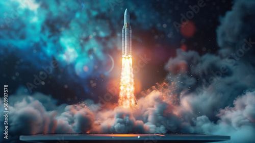 launching space rocket from laptop screen, isolated, white background