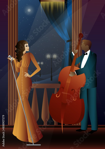 Jazz musicians and singer on a universal background. Double bass, saxophone, drum. Musicians play musical instruments