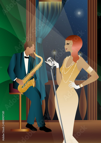 Jazz musicians and singer on a universal background. Double bass, saxophone, drum. Musicians play musical instruments
