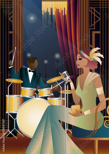 Jazz musicians and singer on a universal background. Double bass, saxophone, drum. Musicians play musical instruments