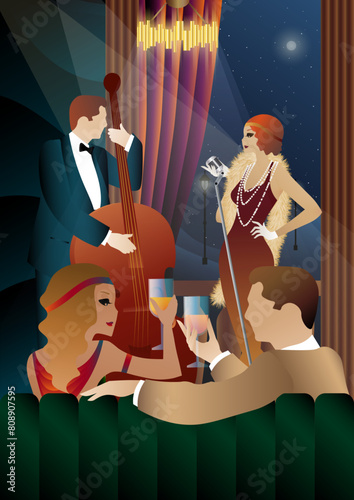 Jazz musicians and singer on a universal background. Double bass, saxophone, drum. Musicians play musical instruments