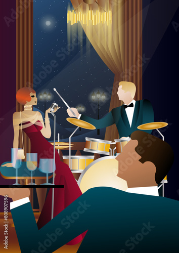 Jazz musicians and singer on a universal background. Double bass, saxophone, drum. Musicians play musical instruments