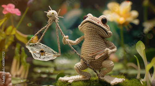 Picture a meticulously crafted scenario where a handmade Amigurumi frog doll is staged in a battle stance against insect pests in a lush, miniature garden world.