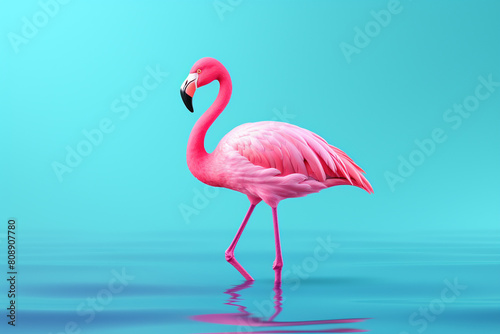 Pink Flamingo in flat design top view summer theme 3D render Splitcomplementary color scheme