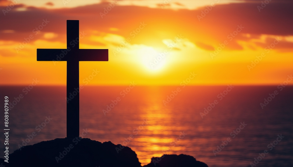 A solemn cross silhouette stands out against a dramatic ocean sunset, evoking reflection A solemn cross silhouette stands out against a dramatic ocean sunset, evoking reflection