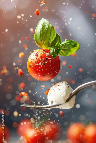 Mozzarella Cheese and Cherry Tomato on Fork with Basil and Vibrant Sauce Splashes