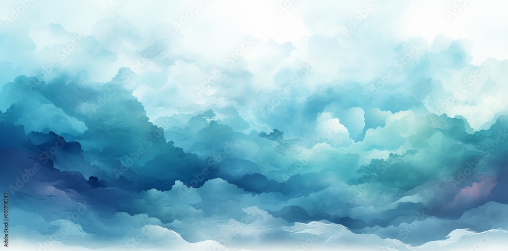Abstract watercolor illustration depicting a tranquil blue sky with fluffy clouds, ideal for creating peaceful backdrops in various design works and enhancing the visual aesthetics of projects