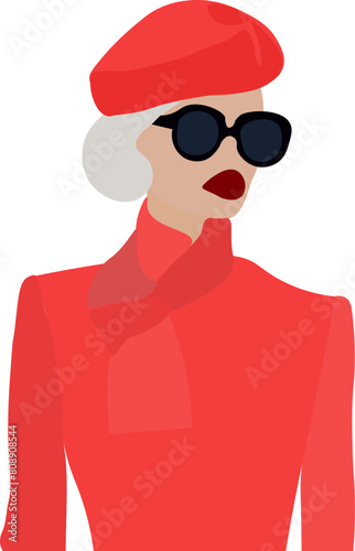 fashionable girl in a red suit, a girl in a biret and glasses photo