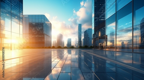 Modern office building or business center. High-rise windor buildings made of glass reflect the clouds and the sunlight. empty street outside wall modernity civilization.