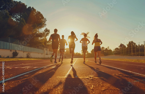 A group of friends running on the track in sportswear in the morning light