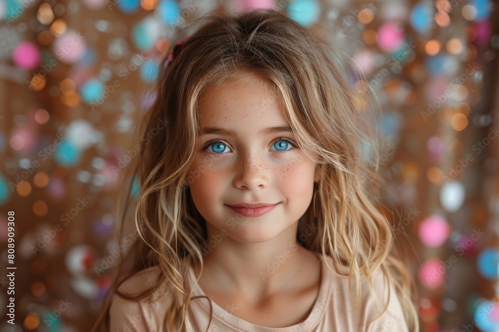 A serene young girl with deep blue eyes and confetti, encapsulating a moment of gentle tranquility A serene young girl with deep blue eyes and confetti, encapsulating a moment of gentle tranquility