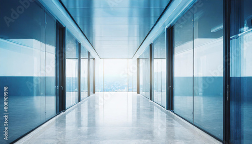 A modern office corridor with a modern meeting room and empty space on a white wall. office building