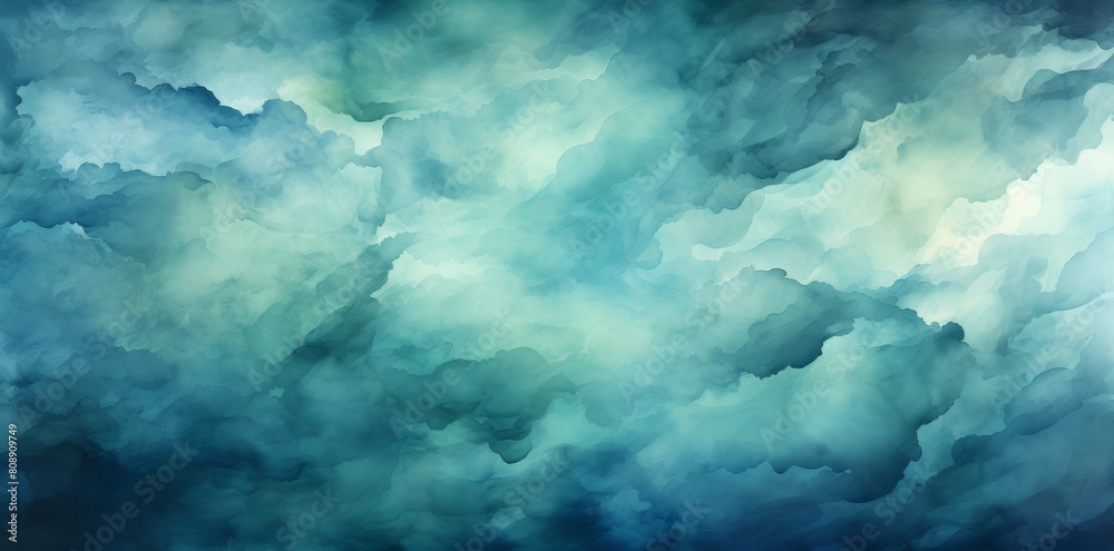 Tranquil and serene abstract azure dreamscape with panoramic ocean view in soft teal and white. Layered with celestial clouds and textured background. Perfect for peaceful and calming digital art