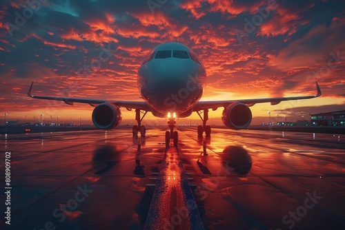 This striking image captures a commercial airplane against an intense sunset sky, reflecting on a wet tarmac