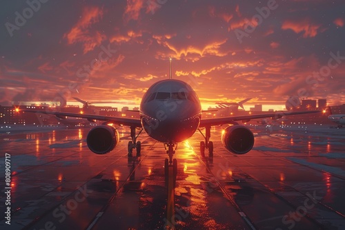 A majestic airplane stands on the reflective wet tarmac with a blazing sky above at dusk, signaling the beauty of air travel and the technology of aviation