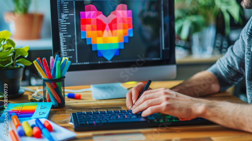 Unrecognizable mature man works on his computer that has a heart with the colors of the LGBTQ movement and next to it several hearts and colored markers. Concept of tolerance, inclusion and diversity 
