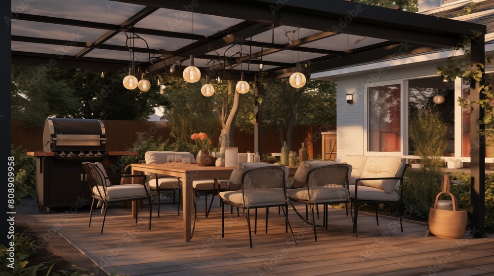 Naklejka premium Modern patio furniture include a pergola shade structure, an awning, a patio roof, a dining table, seats, and a metal grill.