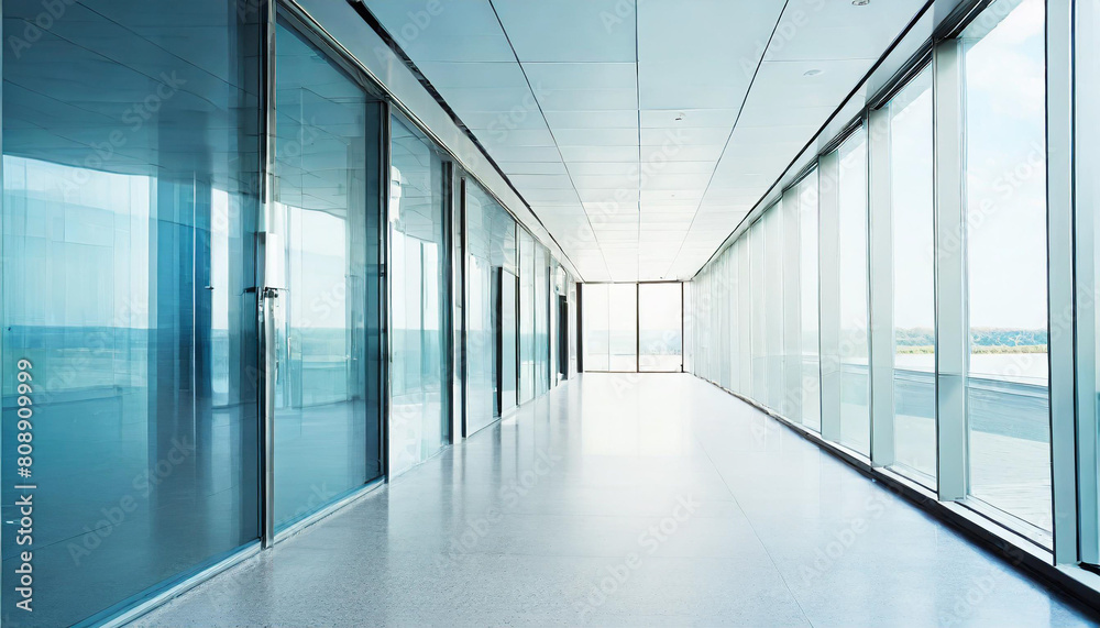 A modern office corridor with a modern meeting room and empty space on a white wall. office building