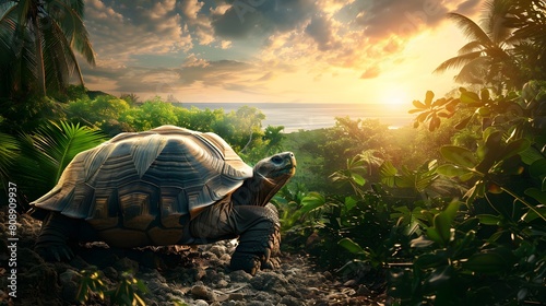 8K wallpaper of a giant tortoise slowly making its way through lush, green vegetation on a tropical island, with the sun setting on the horizon
