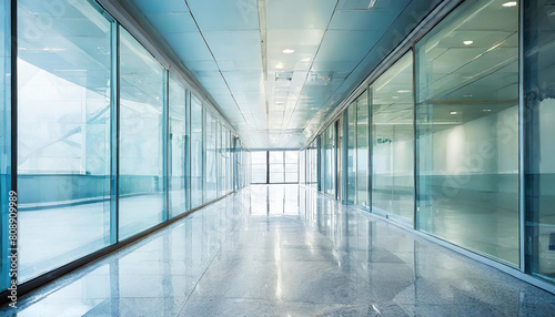 A modern office corridor with a modern meeting room and empty space on a white wall. office building