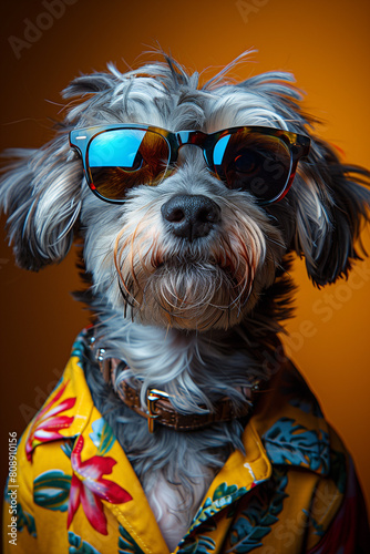 Colorful Image of A Dog Profile Wearing Sunglasses and A Vibrant T-shirt Against A Solid-Colored Background