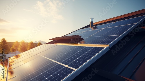 newly constructed homes with solar panels on the roof under a bright sky A close up of a brand new structure with dark solar panels.