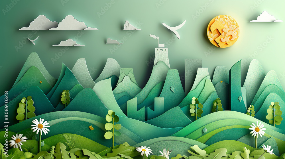 Φωτογραφία illustration of landscape with building and nature ,concept of eco friendly and