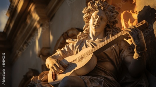 Apollo playing his lyre under a radiant sun with golden sunlight illuminating the scene photo