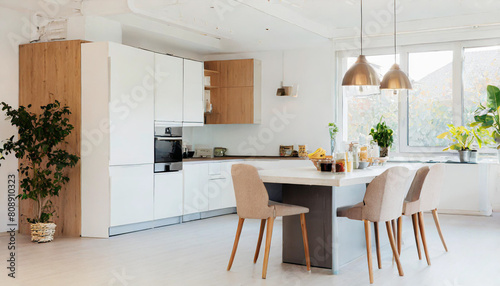 Modern kitchen with stainless steel faucet, island sink, and wall-mounted kitchenware.