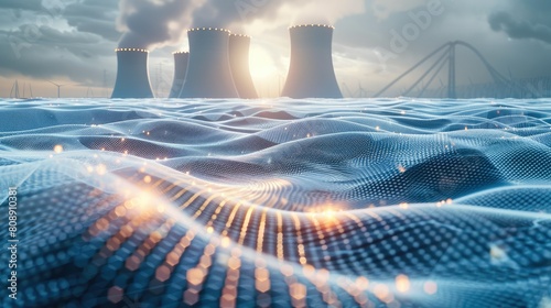 Solar technology with a power plant at the background, in the style of quantum wave tracing, multiple exposure, light sky-blue and dark gray, intertwining materials. Generative AI. photo