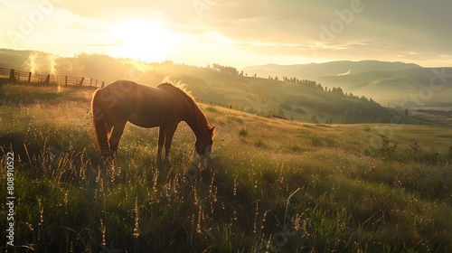 8K wallpaper of a horse grazing on a grassy hillside at sunrise, with a gentle breeze moving through the tall grass and distant hills in the background