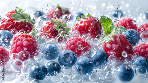 Ripe red berries and plump blueberries are playfully splashing in crystal clear water, creating a colorful and vibrant scene