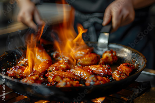 chef cooking chicken wings in a sauce in the kitchen .copy space for text,authentic raw photo