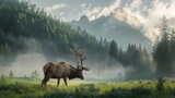 8K wallpaper of a majestic elk with large antlers grazing in a misty meadow, with the forested mountains