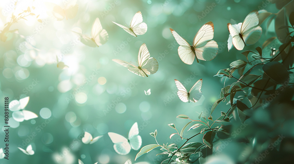 White butterflies flying in the air against a light green background with a blurred effect