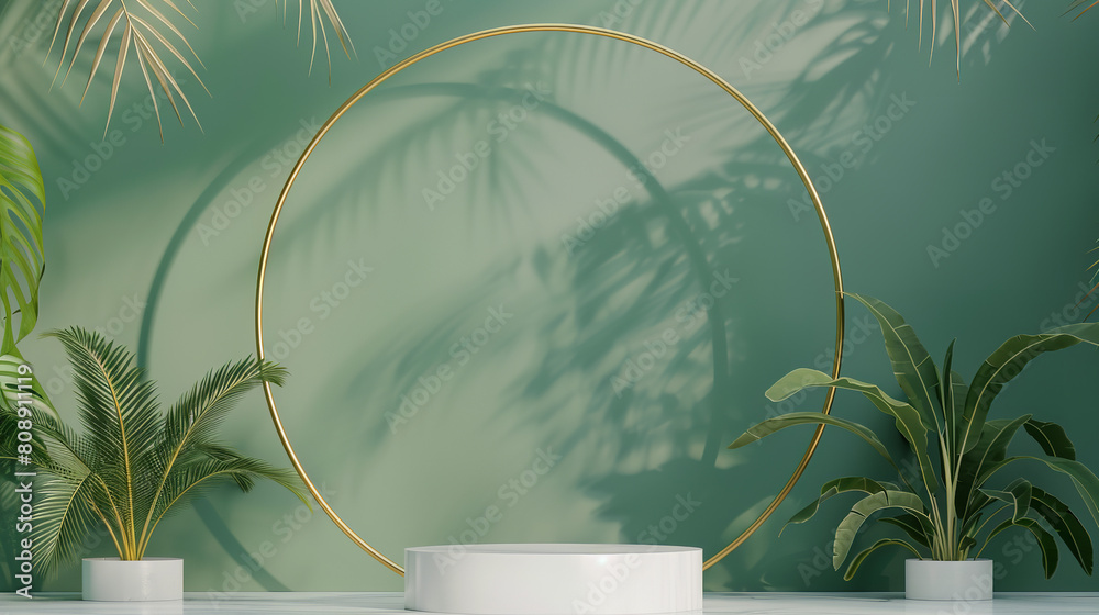 Fotografie White Product Podium with Tropical Palm Leaves and Golden Round Arch on Green Wa