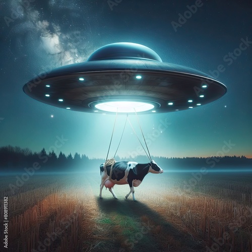 UFO flying saucer in the night takes a cow from the field