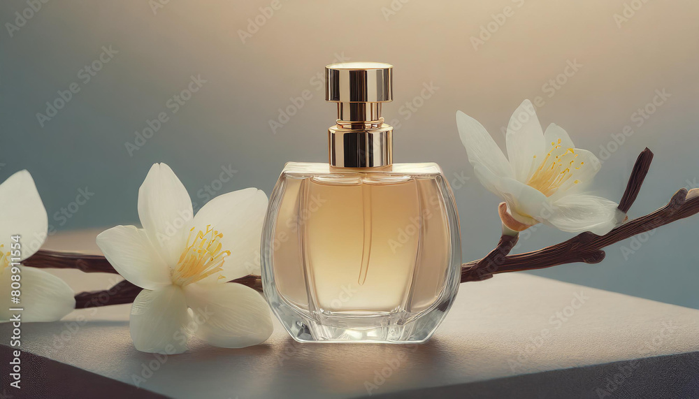 Elegantly poised perfume bottle accentuated by delicate white lilies, exuding an aura of refined sophistication. Elegantly poised perfume bottle accentuated by delicate white lilies, exuding an aura of refined sophistication.