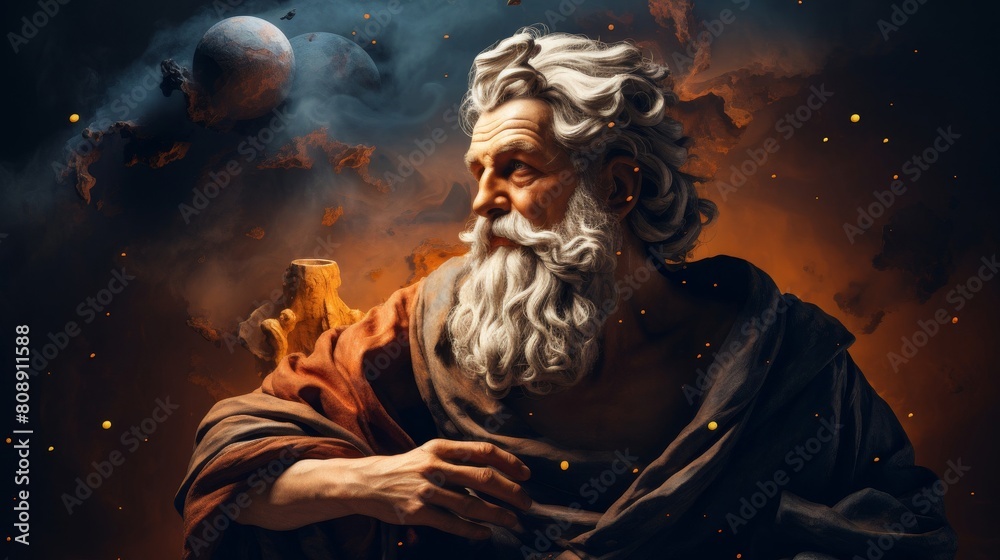 Philosopher contemplates time amidst swirling galaxies