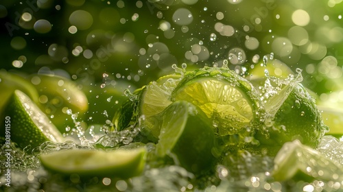 Close-up of juicy limes with water splashing on them  capturing the moment of freshness and vibrancy