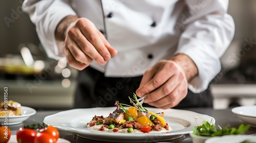 A chef carefully adding finishing touches to a plate of food in a restaurant kitchen. photo