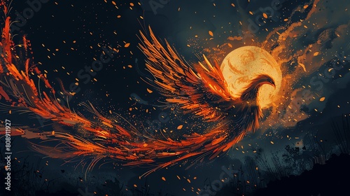 A majestic phoenix soars through the starry night sky, its fiery wings trailing behind it like a comet. photo