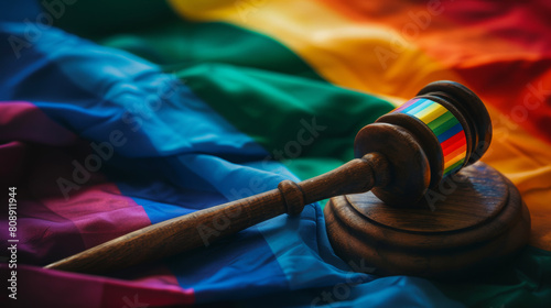 Woden judge mallet symbol of law and justice with lgbt flag in rainbow colours. Lgbt rights and law Stock Photo photography photo