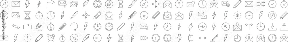Line Signs of clocks, lighting, arrows, envelops, pens for Advertisement. Suitable for books, stores, shops. Editable stroke in minimalistic outline style. Symbol for design
