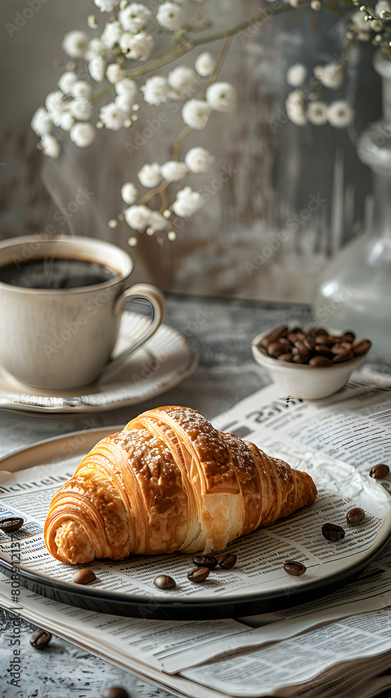Morning News: Photo Realistic Concept of Individual Relaxing with Croissant and Coffee, Reading Newspaper