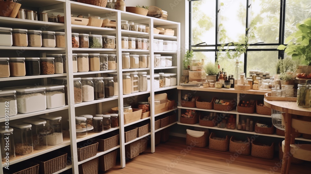 Organized food pantry closet in cozy cottage style home.